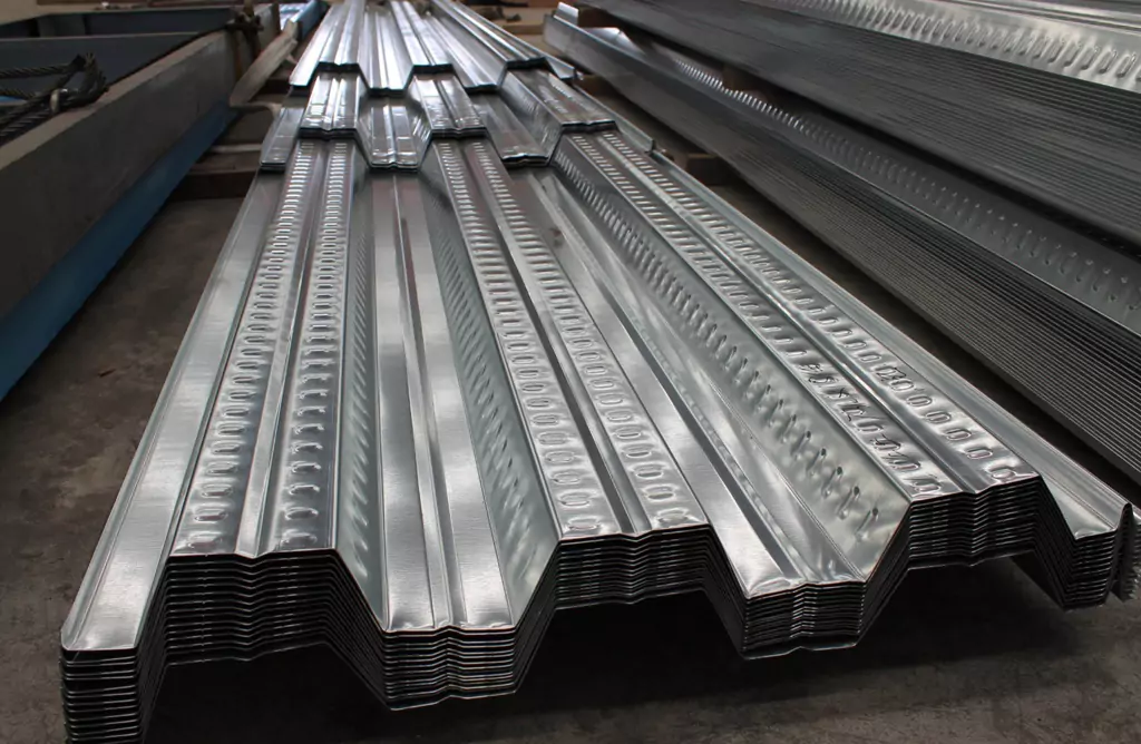 Metal Roofing Sheets Stacked on an Assembly Line