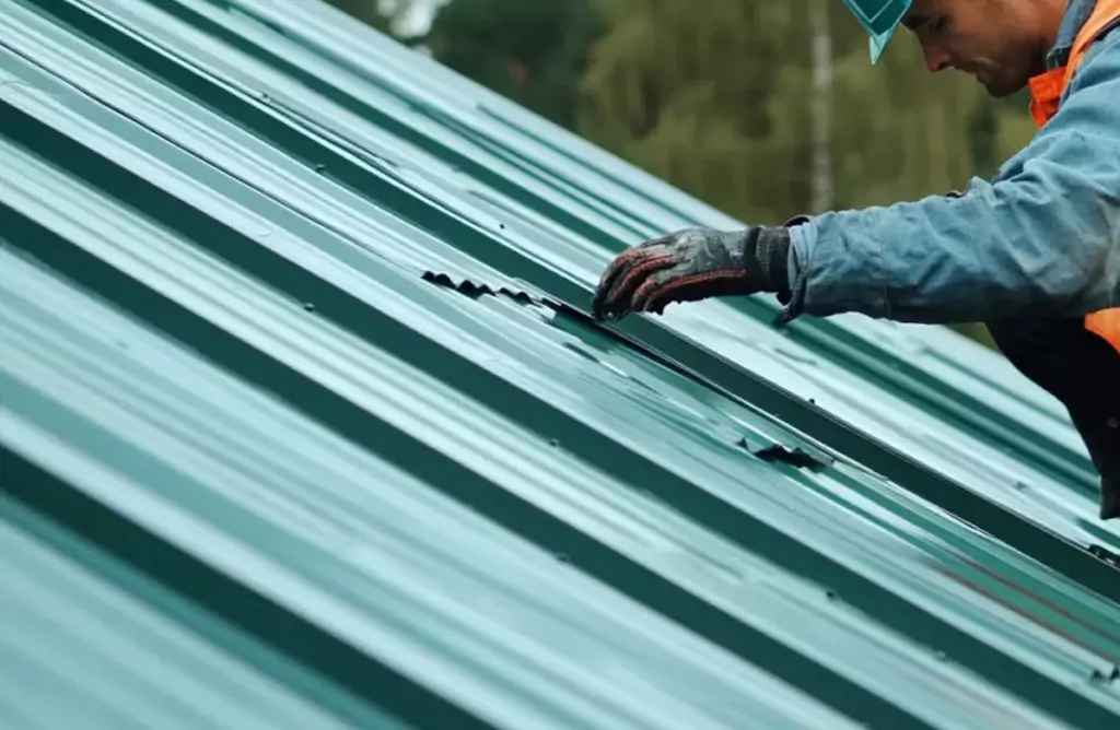 A Worker Installing Metal Roof Sheets Outdoors