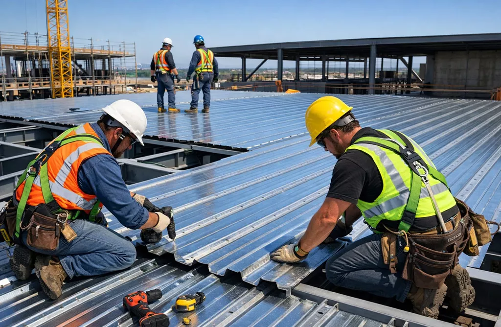 Construction Workers Installing Steel Deck Sheets On a Commercial Building Roof