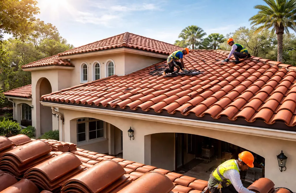 Expert Roofers Installing Clay Tile Roofing on a Modern Home