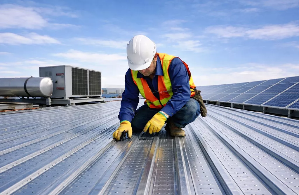 Technician Securing Metal Deck Sheets On a Rooftop with Solar Panels for Structural Support