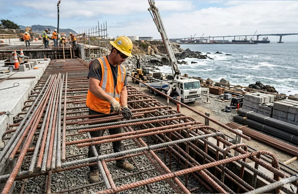 Worker installing reinforcement bars at construction site