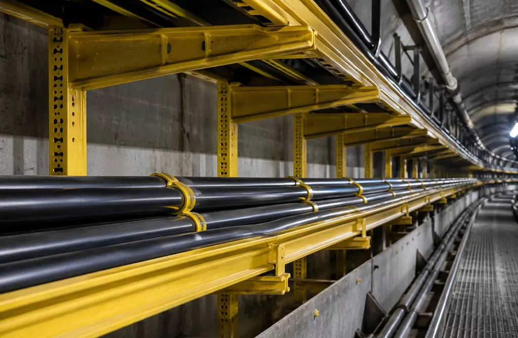 FRP cable trays installed in industrial tunnel for organized cable management