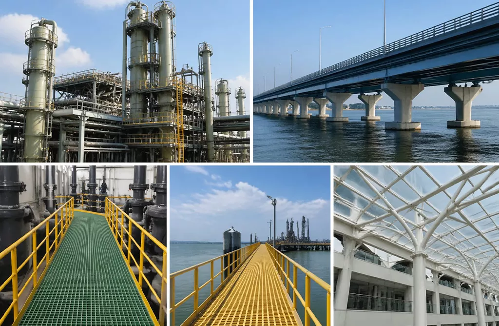 FRP grating walkway and industrial structures in factory environment