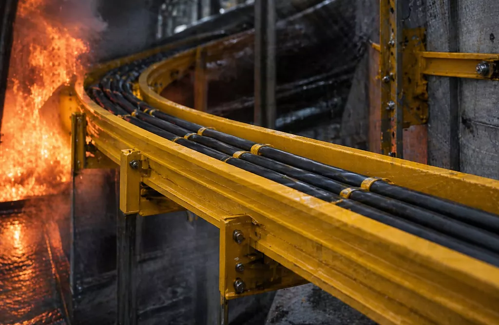 Industrial FRP cable tray system carrying electrical cables in high-temperature environment