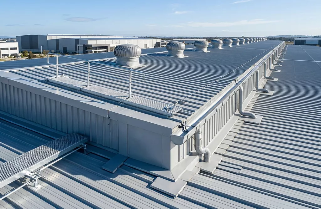 Industrial metal roof with ridge ventilators and drainage system for airflow and water control.