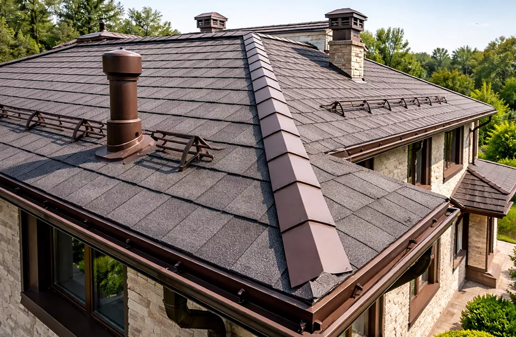 Modern shingle roof with ridge caps, ventilation outlets, and durable weatherproof design.