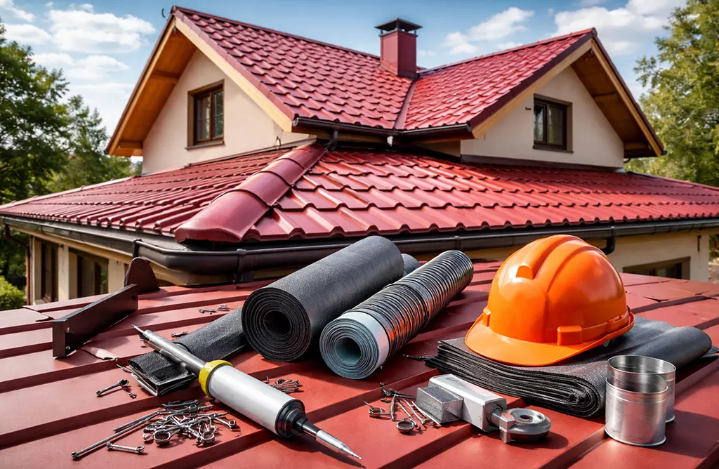 Residential roof with red tiles, roofing tools, flashing rolls, and installation accessories.