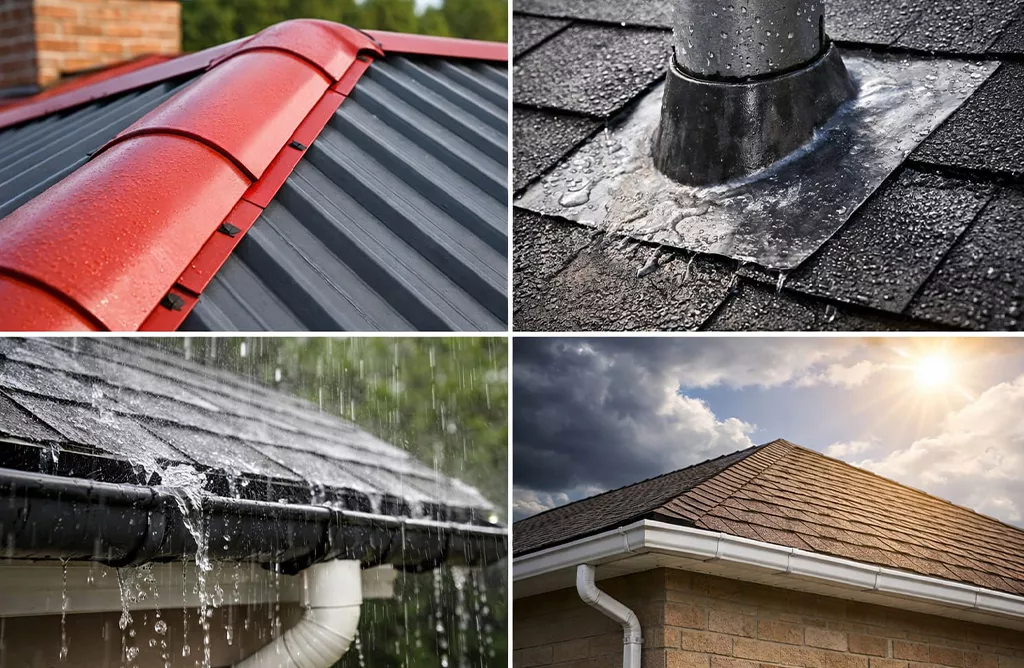 Roofing accessories collage showing flashing, gutters, and rainwater drainage system.