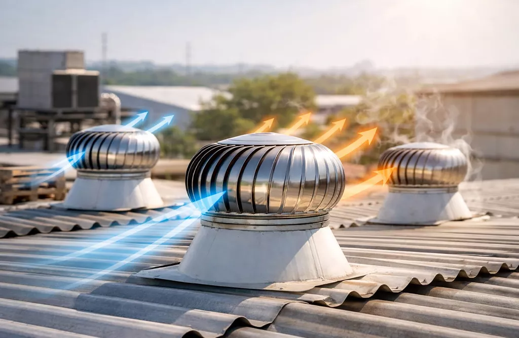 Turbo Roof Ventilators Showing Hot Air Exhaust and Fresh Airflow Circulation