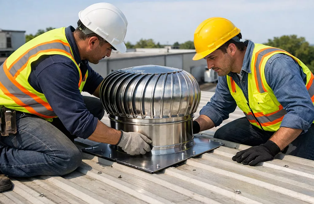 Workers Installing Turbo Ventilator on Metal Roof for Heat Ventilation
