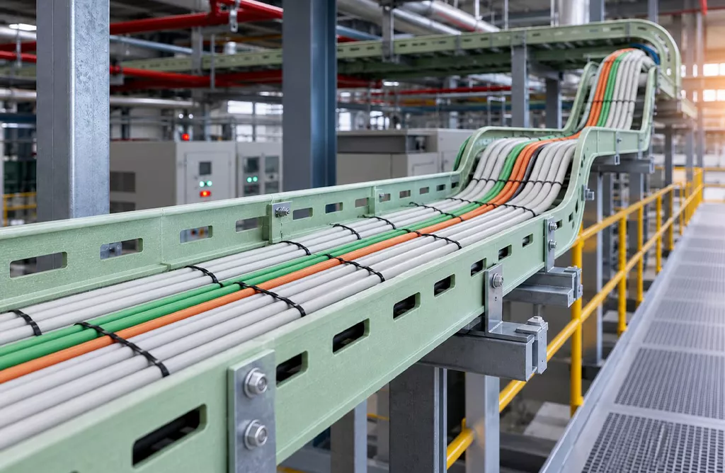 FRP cable tray installed for industrial cable management
