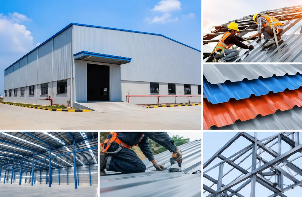 Industrial shed construction with steel structure and roofing installation