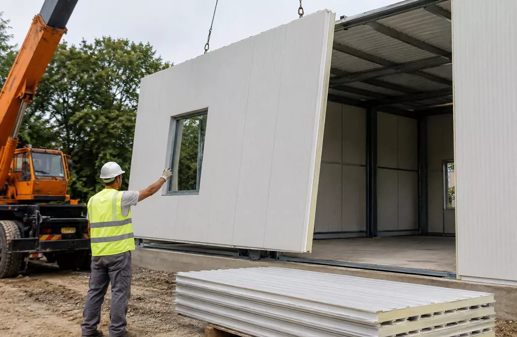 Installation of insulated sandwich wall panels for a prefabricated building