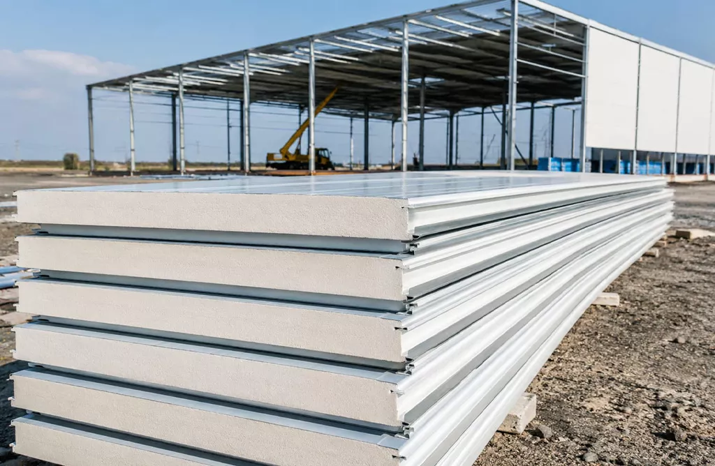 Insulated sandwich panels at an industrial steel building construction site