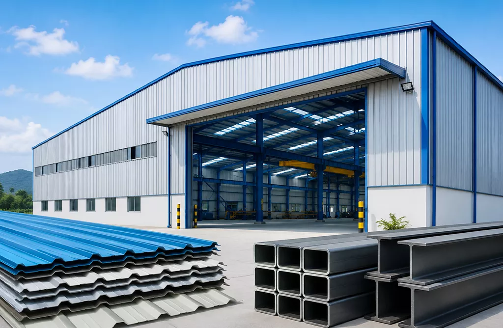 Modern industrial shed with steel framework and color-coated roofing sheets