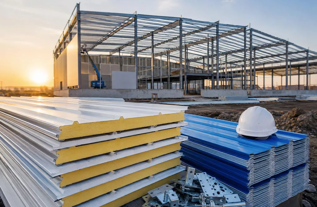 Sandwich roofing panels for energy-efficient industrial warehouse construction