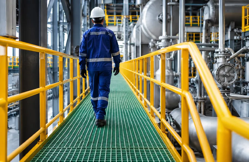Worker inspecting corrosion-resistant FRP walkway