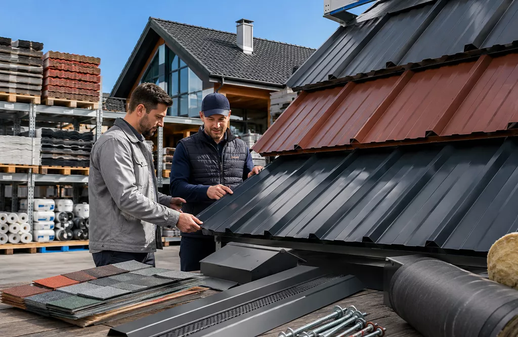 Professionals inspecting high-quality metal roofing sheets and materials