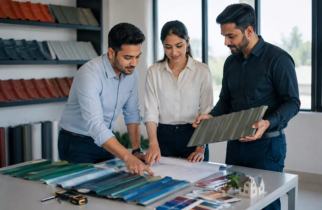 Experts selecting durable roofing sheets for a construction project